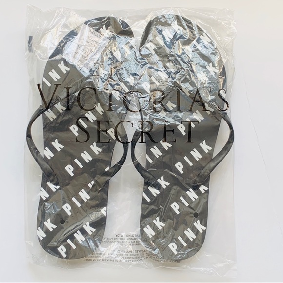 PINK Victoria's Secret Shoes - NIP VS Pink Logo Flip Flops Black w/ White Logo L